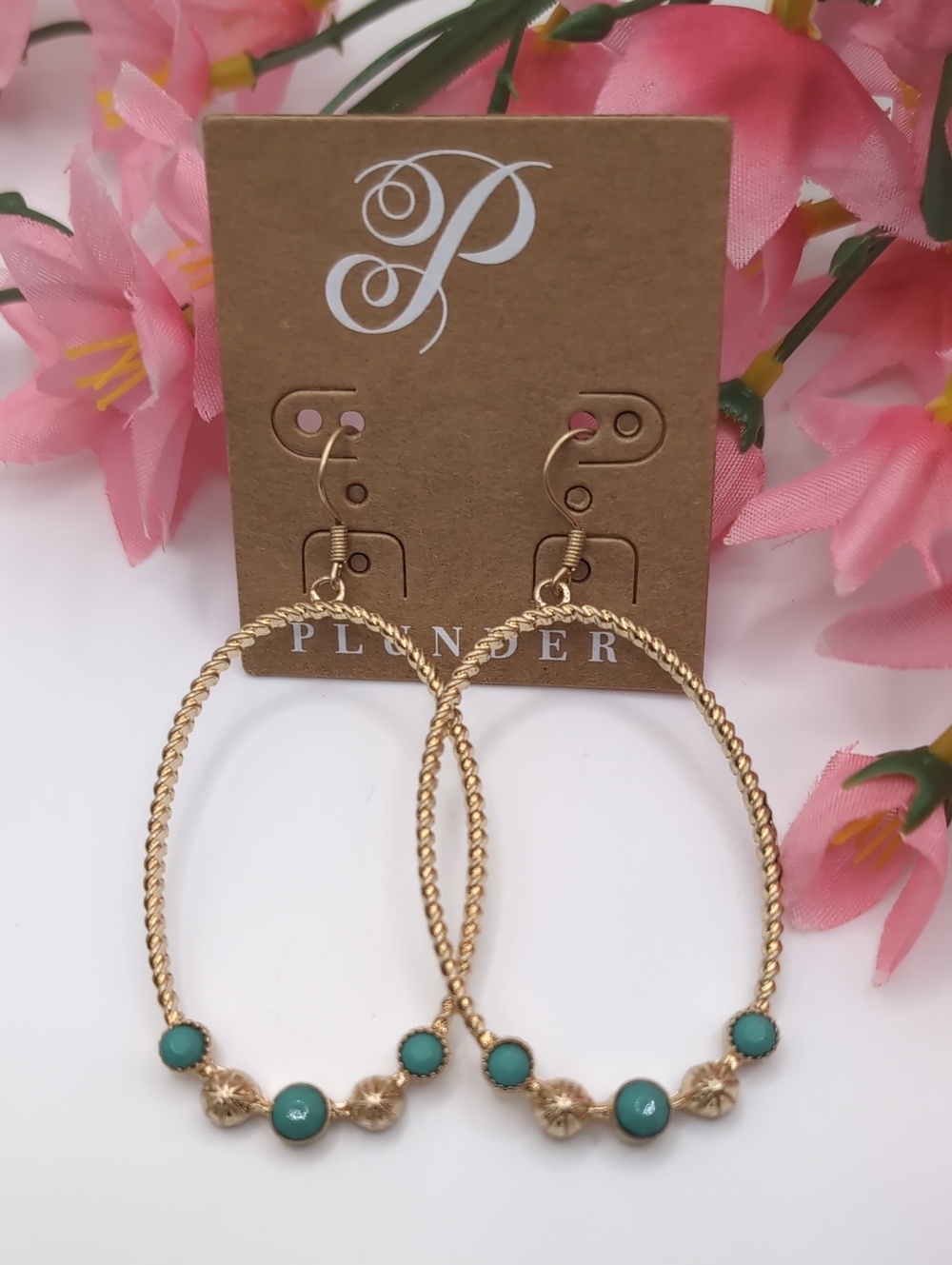 Plunder Gold-Tone Twisted Hoop Earrings with Teal Beads NEW!